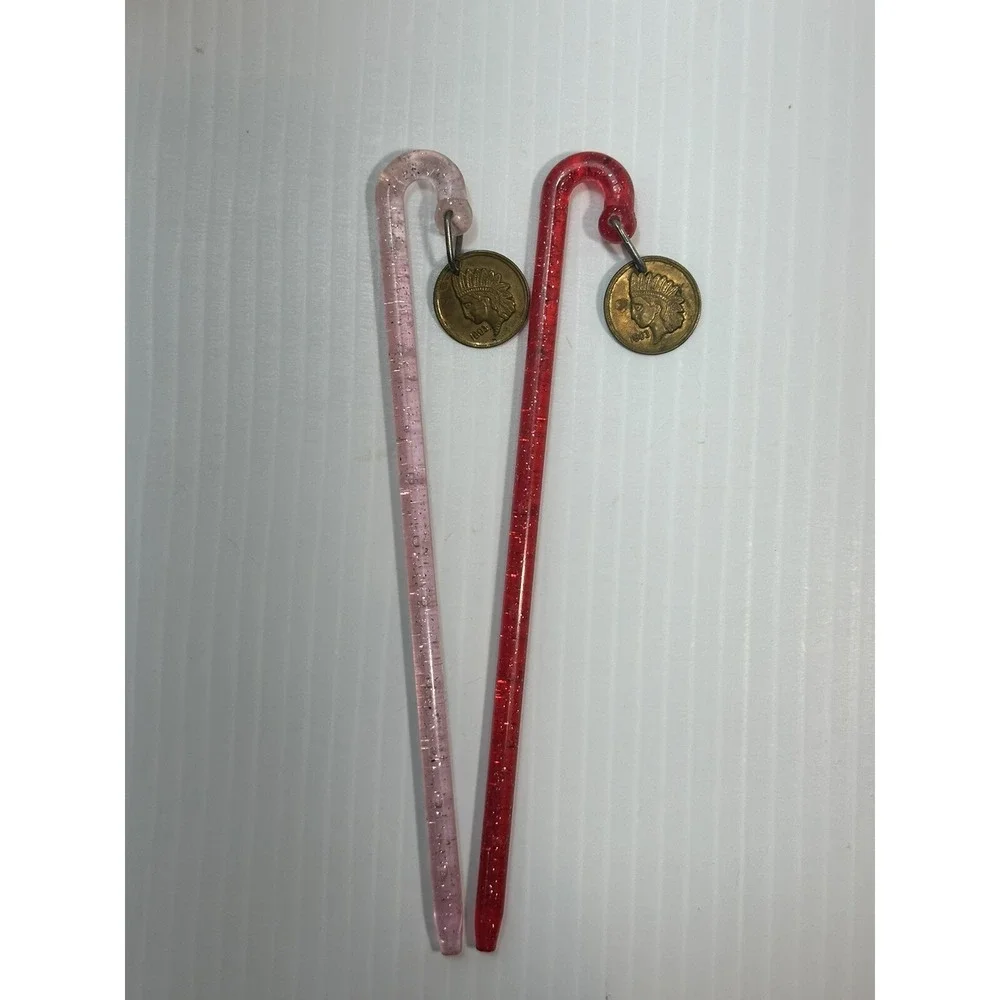 VTG Indianhead Penny Swizzle‎ Stick Drink Garnish Glitter Candy Cain Barware Bar